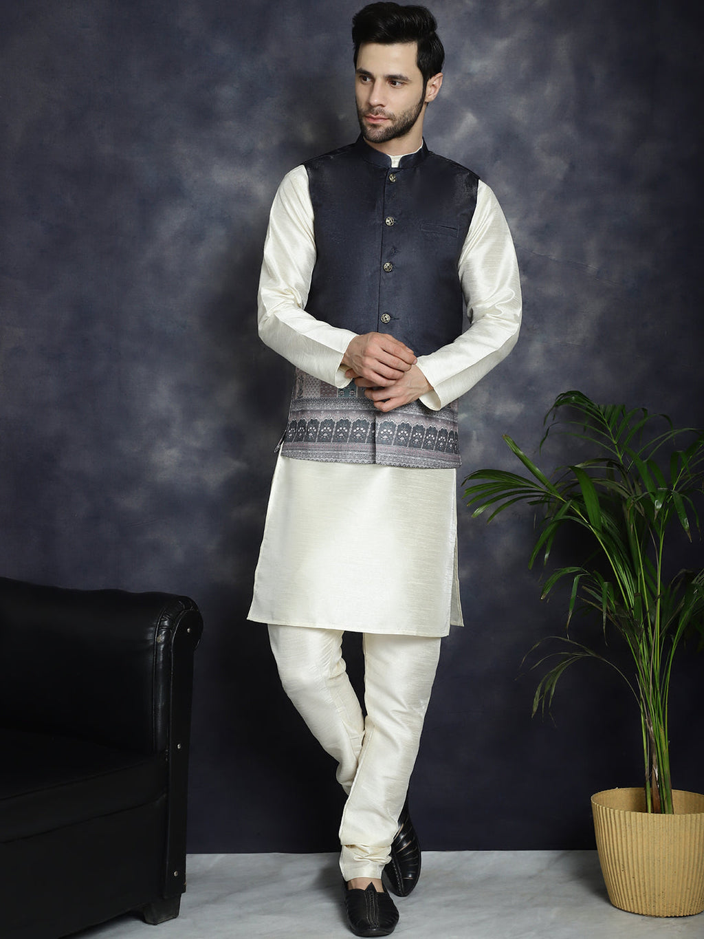 Jompers Men's Printed Nehru Jacket With Solid Kurta Pyjama - Black | Grocsy