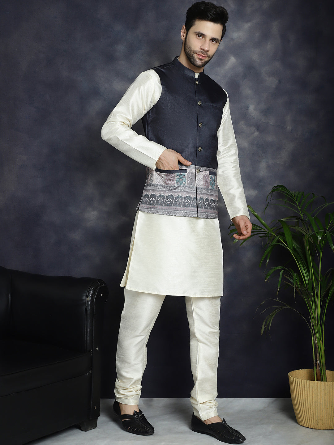 Jompers Men's Printed Nehru Jacket With Solid Kurta Pyjama - Black | Grocsy