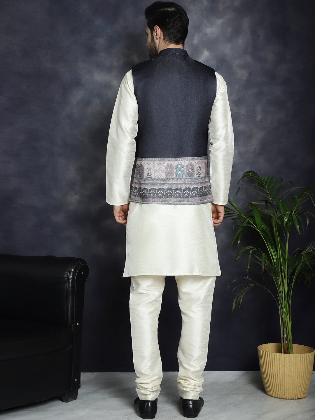 Jompers Men's Printed Nehru Jacket With Solid Kurta Pyjama - Black | Grocsy