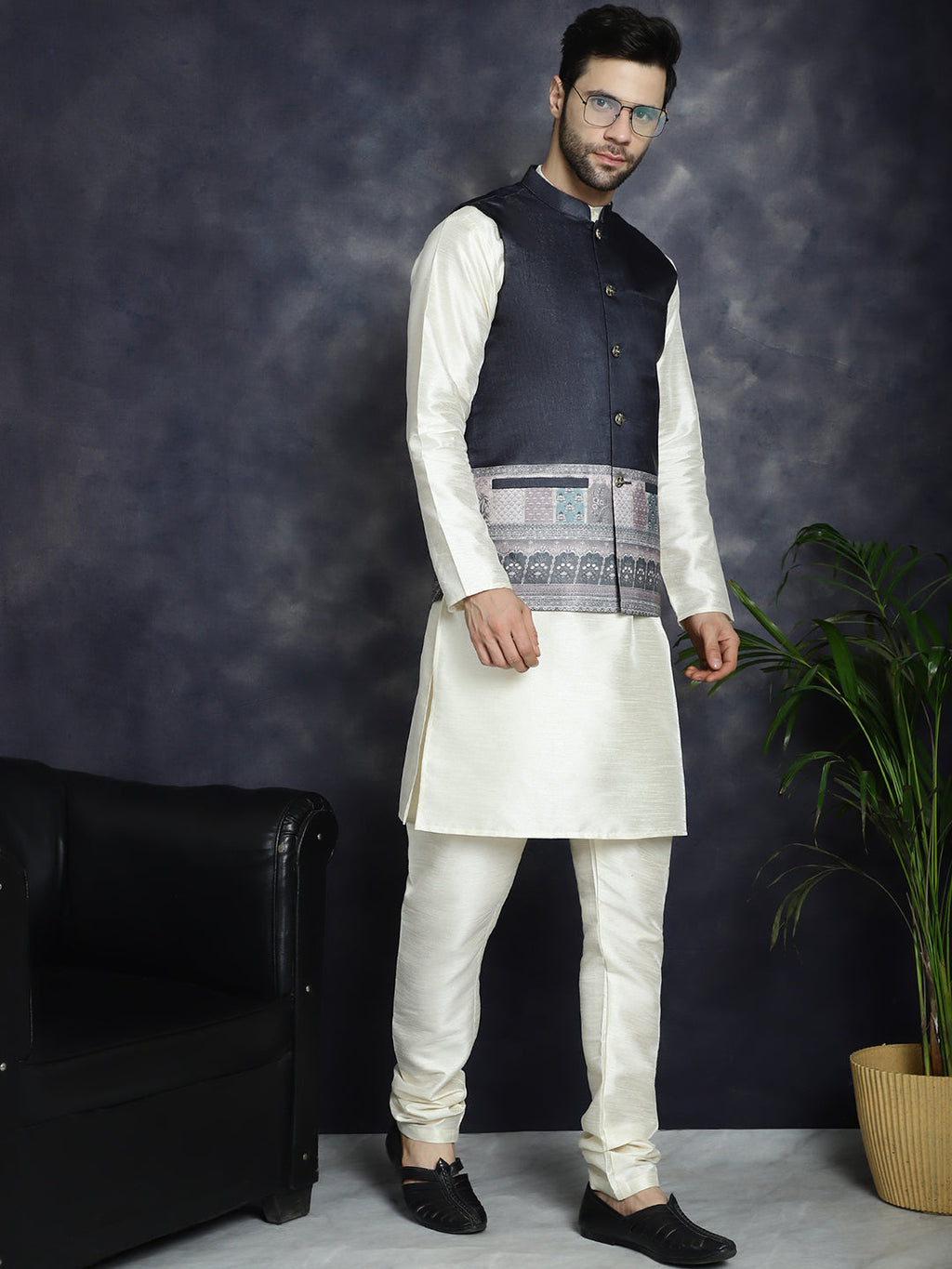 Jompers Men's Printed Nehru Jacket With Solid Kurta Pyjama - Black | Grocsy