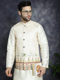 Jompers Men's Printed Nehru Jacket With Solid Kurta Pyjama - Golden | Grocsy