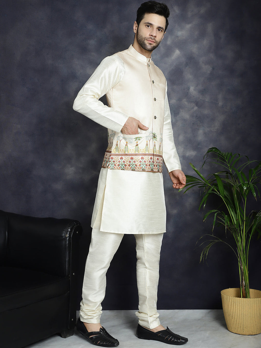 Jompers Men's Printed Nehru Jacket With Solid Kurta Pyjama - Golden | Grocsy