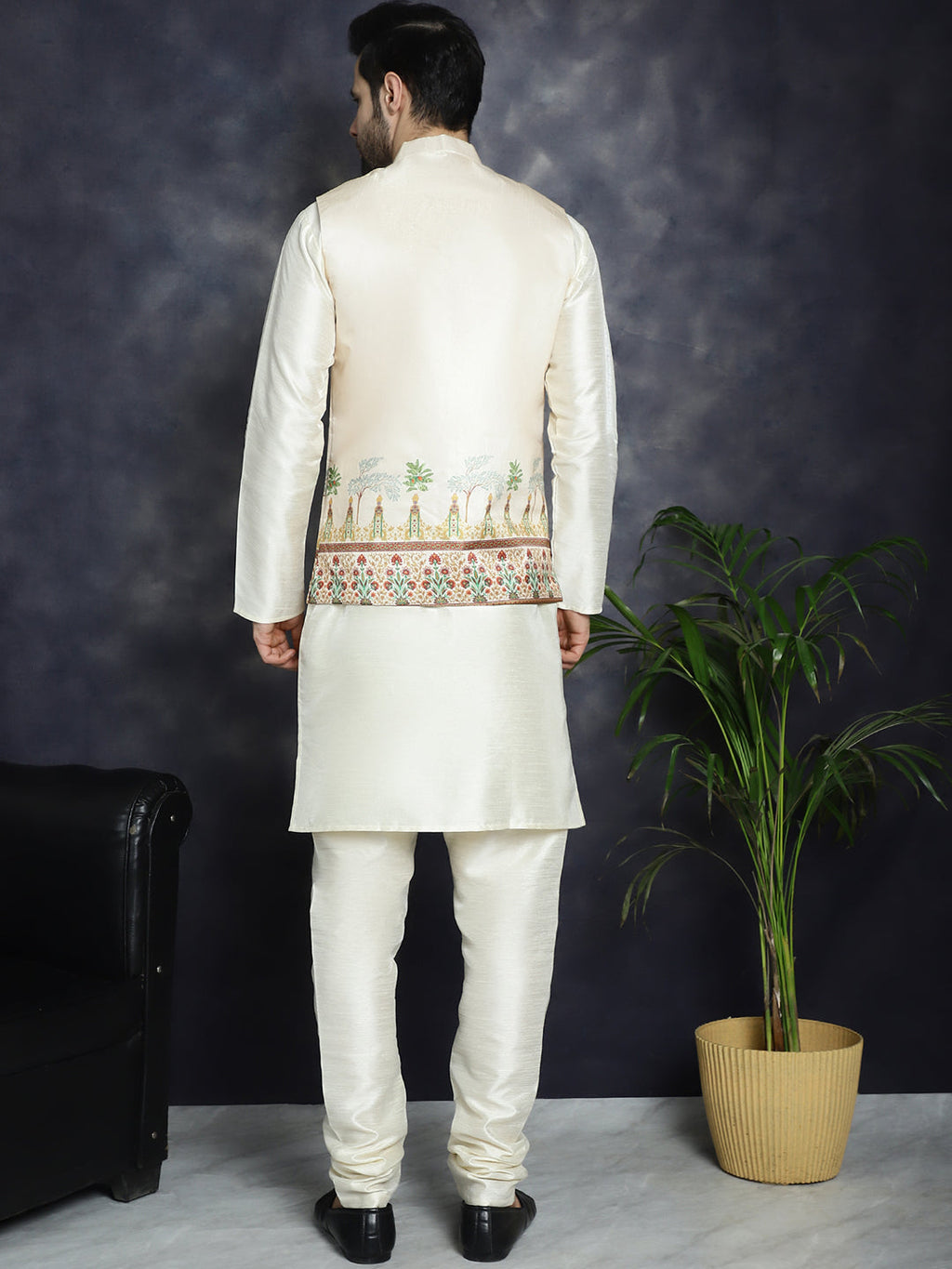 Jompers Men's Printed Nehru Jacket With Solid Kurta Pyjama - Golden | Grocsy