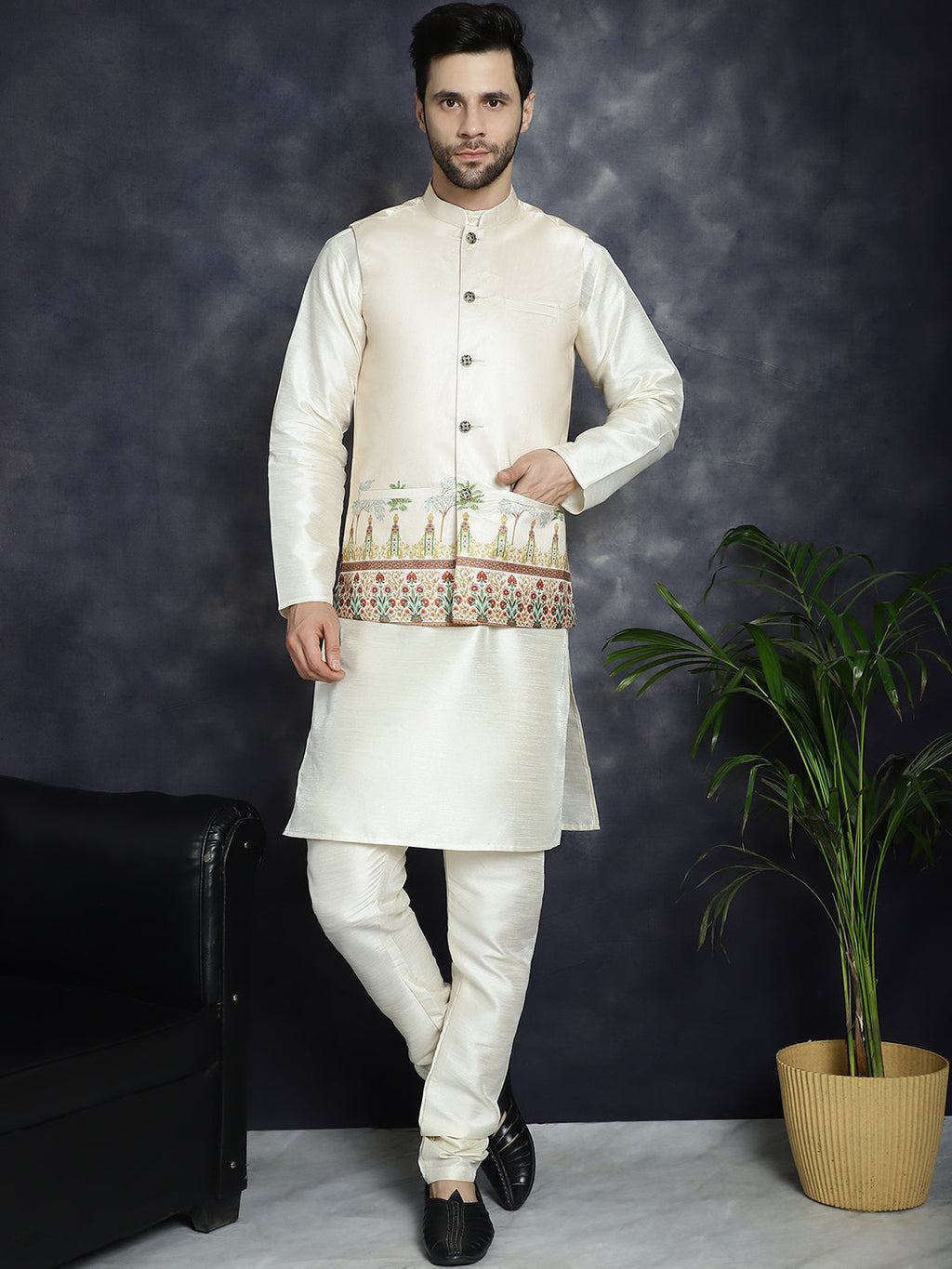 Jompers Men's Printed Nehru Jacket With Solid Kurta Pyjama - Golden | Grocsy