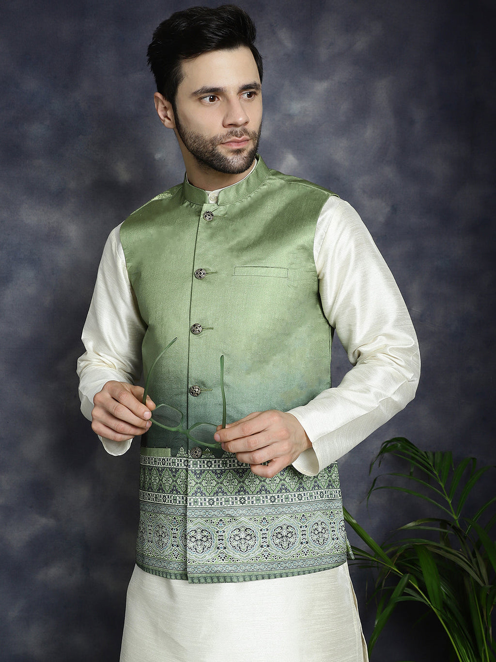 Jompers Men's Printed Nehru Jacket With Solid Kurta Pyjama - Green | Grocsy