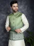 Jompers Men's Printed Nehru Jacket With Solid Kurta Pyjama - Green | Grocsy