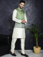 Jompers Men's Printed Nehru Jacket With Solid Kurta Pyjama - Green | Grocsy