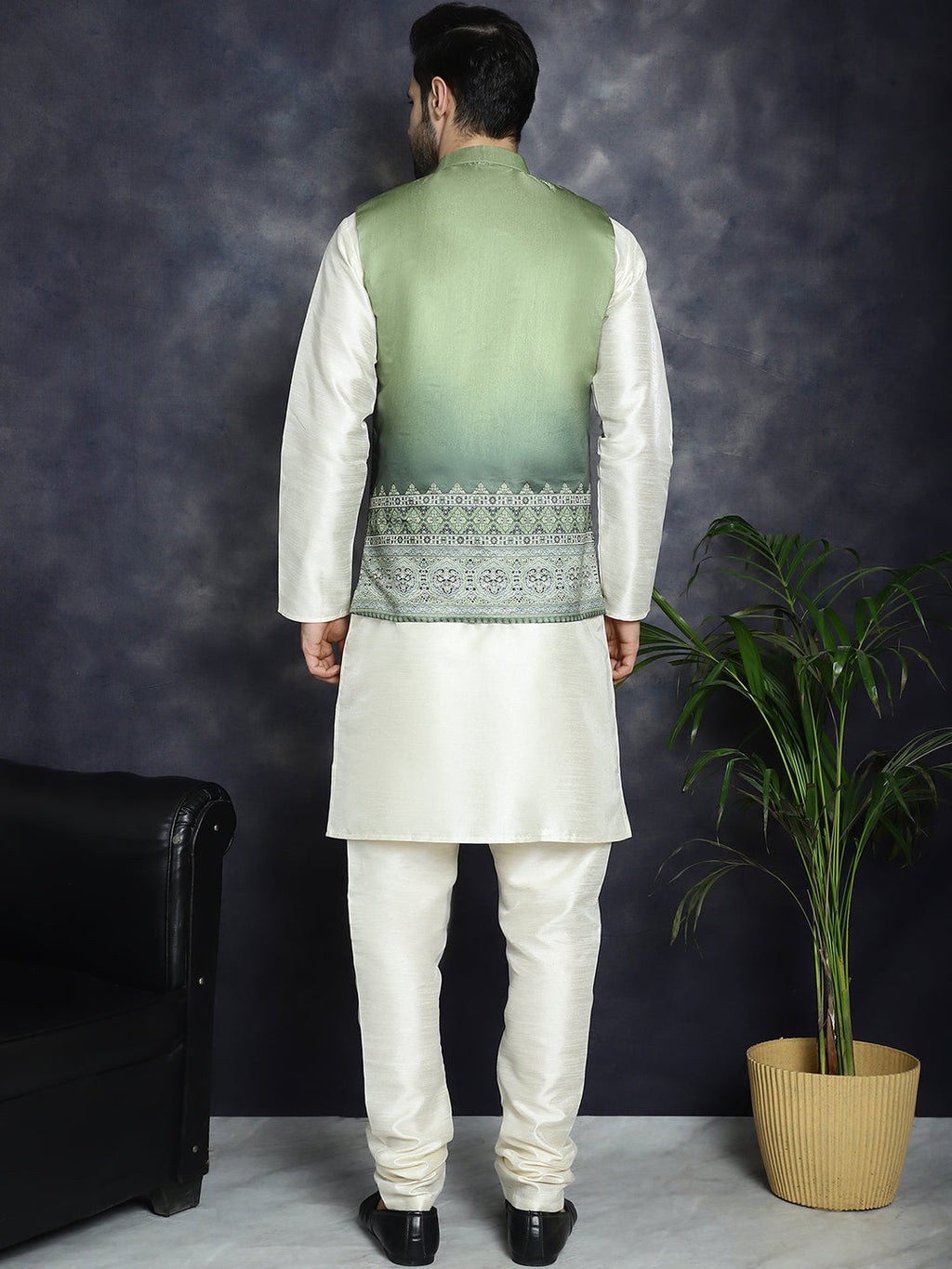 Jompers Men's Printed Nehru Jacket With Solid Kurta Pyjama - Green | Grocsy