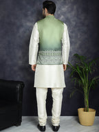 Jompers Men's Printed Nehru Jacket With Solid Kurta Pyjama - Green | Grocsy
