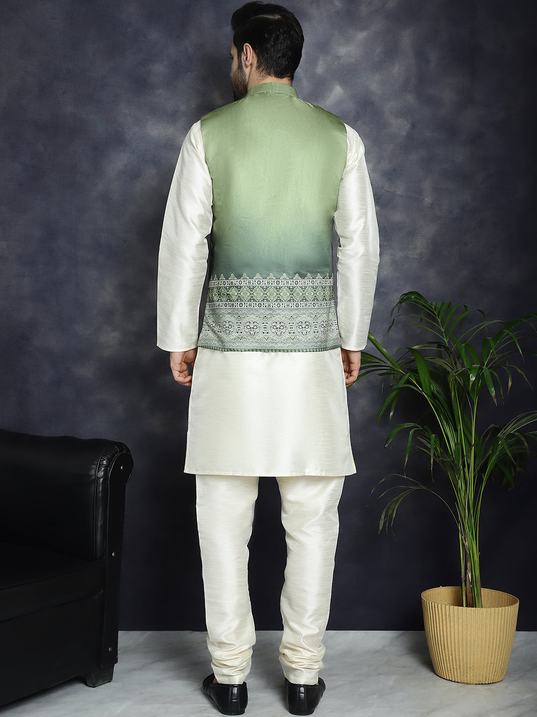 Jompers Men's Printed Nehru Jacket With Solid Kurta Pyjama - Green | Grocsy