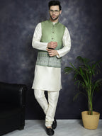 Jompers Men's Printed Nehru Jacket With Solid Kurta Pyjama - Green | Grocsy