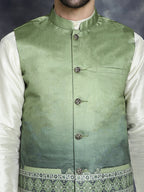 Jompers Men's Printed Nehru Jacket With Solid Kurta Pyjama - Green | Grocsy
