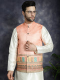 Jompers Men's Printed Nehru Jacket With Solid Kurta Pyjama - Peach | Grocsy