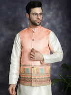 Jompers Men's Printed Nehru Jacket With Solid Kurta Pyjama - Peach | Grocsy