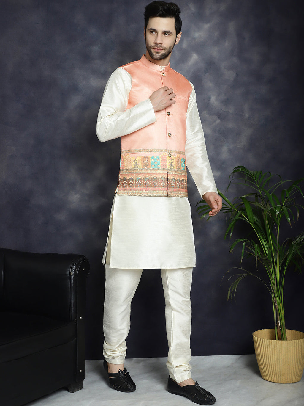 Jompers Men's Printed Nehru Jacket With Solid Kurta Pyjama - Peach | Grocsy