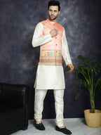 Jompers Men's Printed Nehru Jacket With Solid Kurta Pyjama - Peach | Grocsy