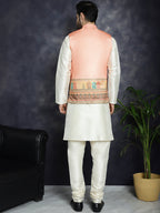 Jompers Men's Printed Nehru Jacket With Solid Kurta Pyjama - Peach | Grocsy