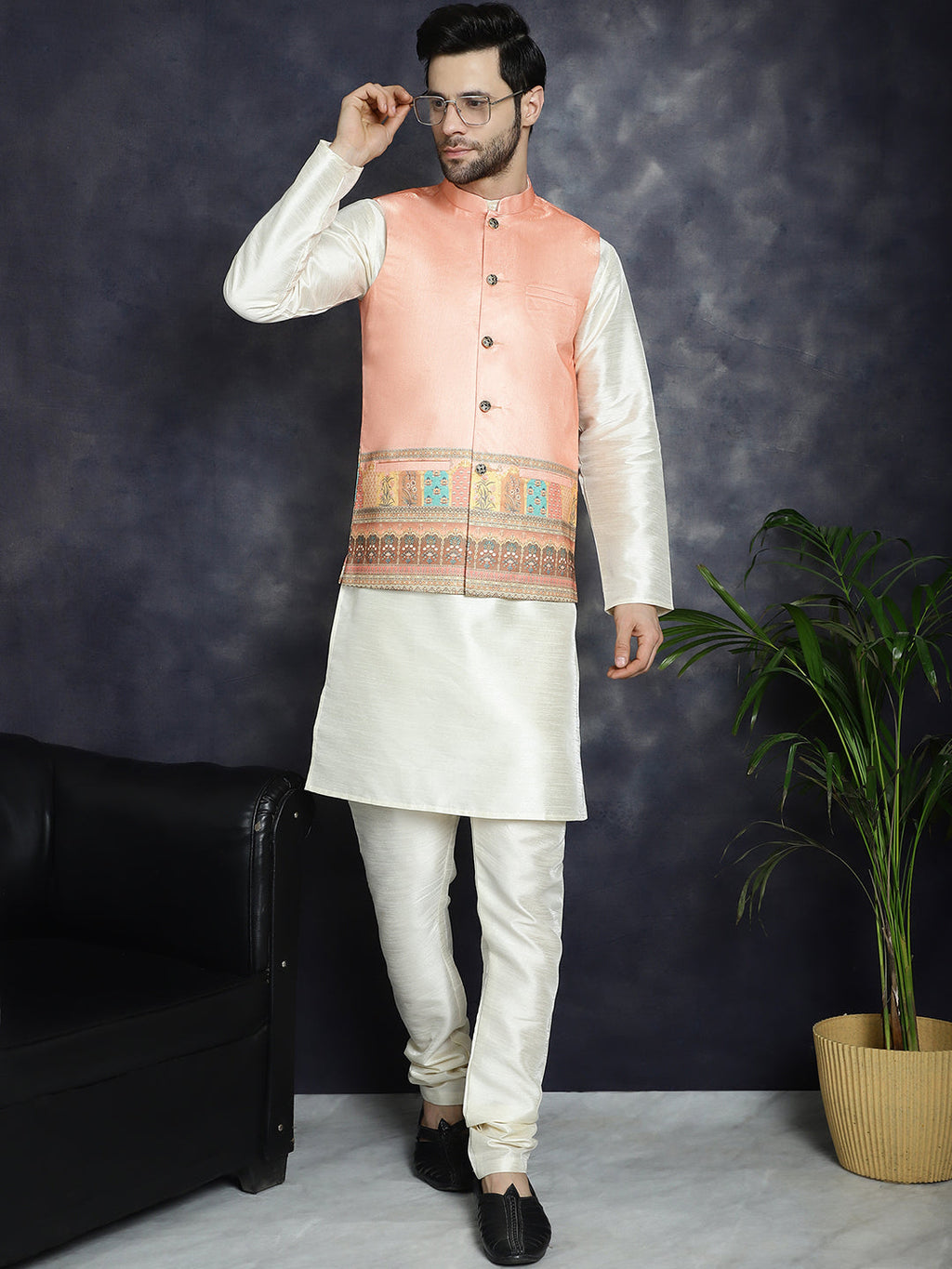 Jompers Men's Printed Nehru Jacket With Solid Kurta Pyjama - Peach | Grocsy