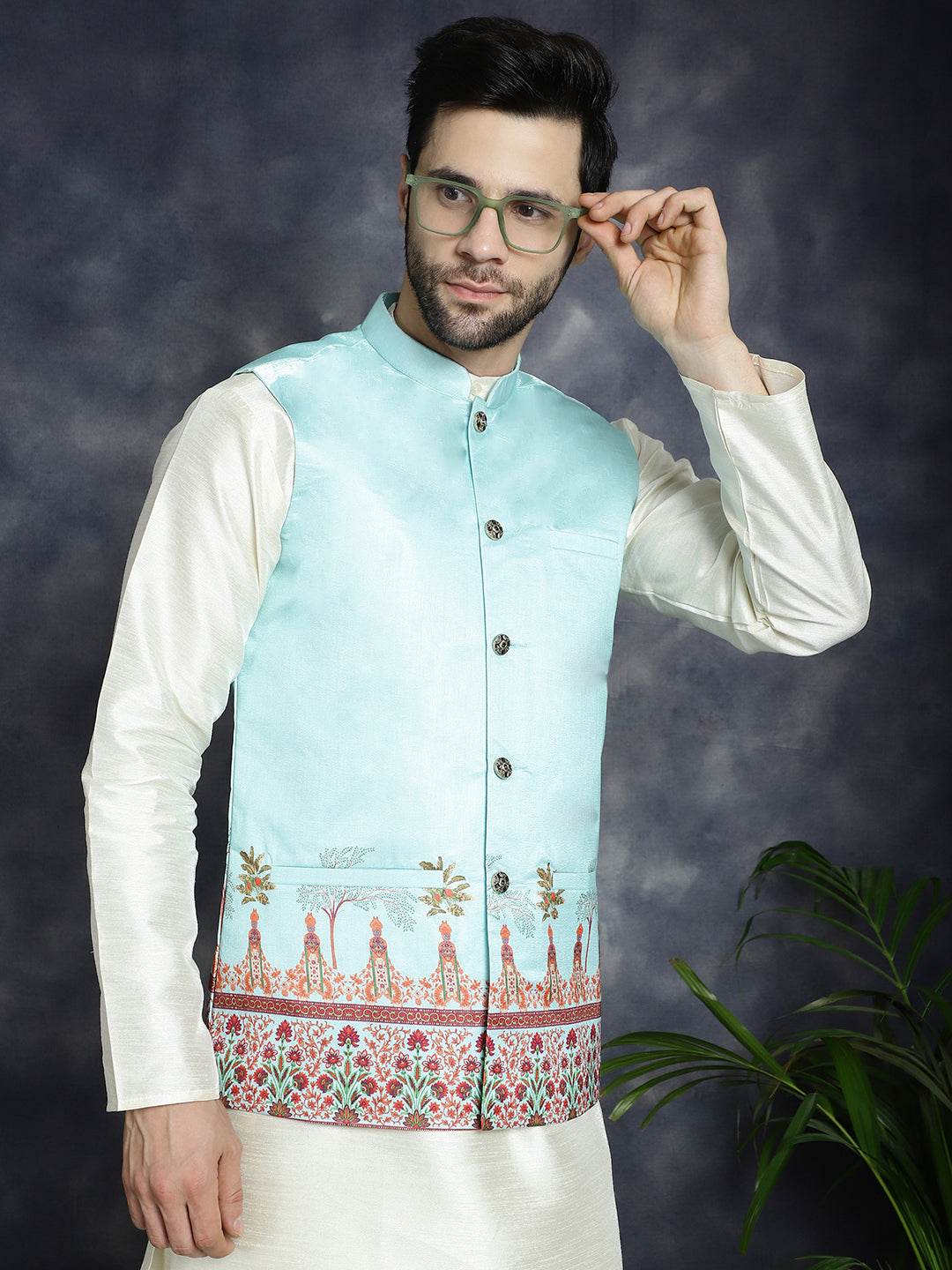 Jompers Men's Printed Nehru Jacket With Solid Kurta Pyjama - Sky Blue | Grocsy