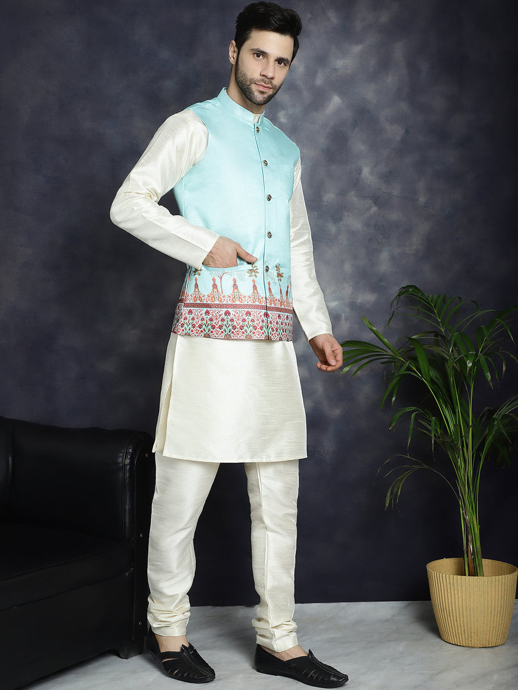Jompers Men's Printed Nehru Jacket With Solid Kurta Pyjama - Sky Blue | Grocsy