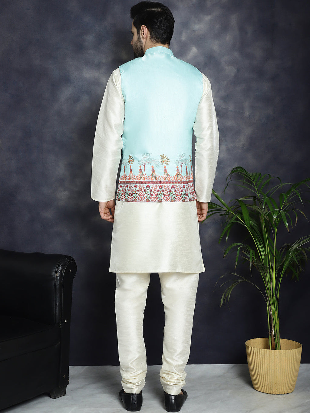 Jompers Men's Printed Nehru Jacket With Solid Kurta Pyjama - Sky Blue | Grocsy