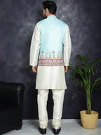 Jompers Men's Printed Nehru Jacket With Solid Kurta Pyjama - Sky Blue | Grocsy