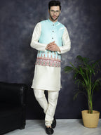 Jompers Men's Printed Nehru Jacket With Solid Kurta Pyjama - Sky Blue | Grocsy
