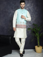 Jompers Men's Printed Nehru Jacket With Solid Kurta Pyjama - Sky Blue | Grocsy