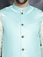 Jompers Men's Printed Nehru Jacket With Solid Kurta Pyjama - Sky Blue | Grocsy