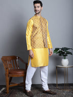 Jompers Men's Woven Design Nehru Jacket With Kurta Pyjama Set - Mustard | Grocsy