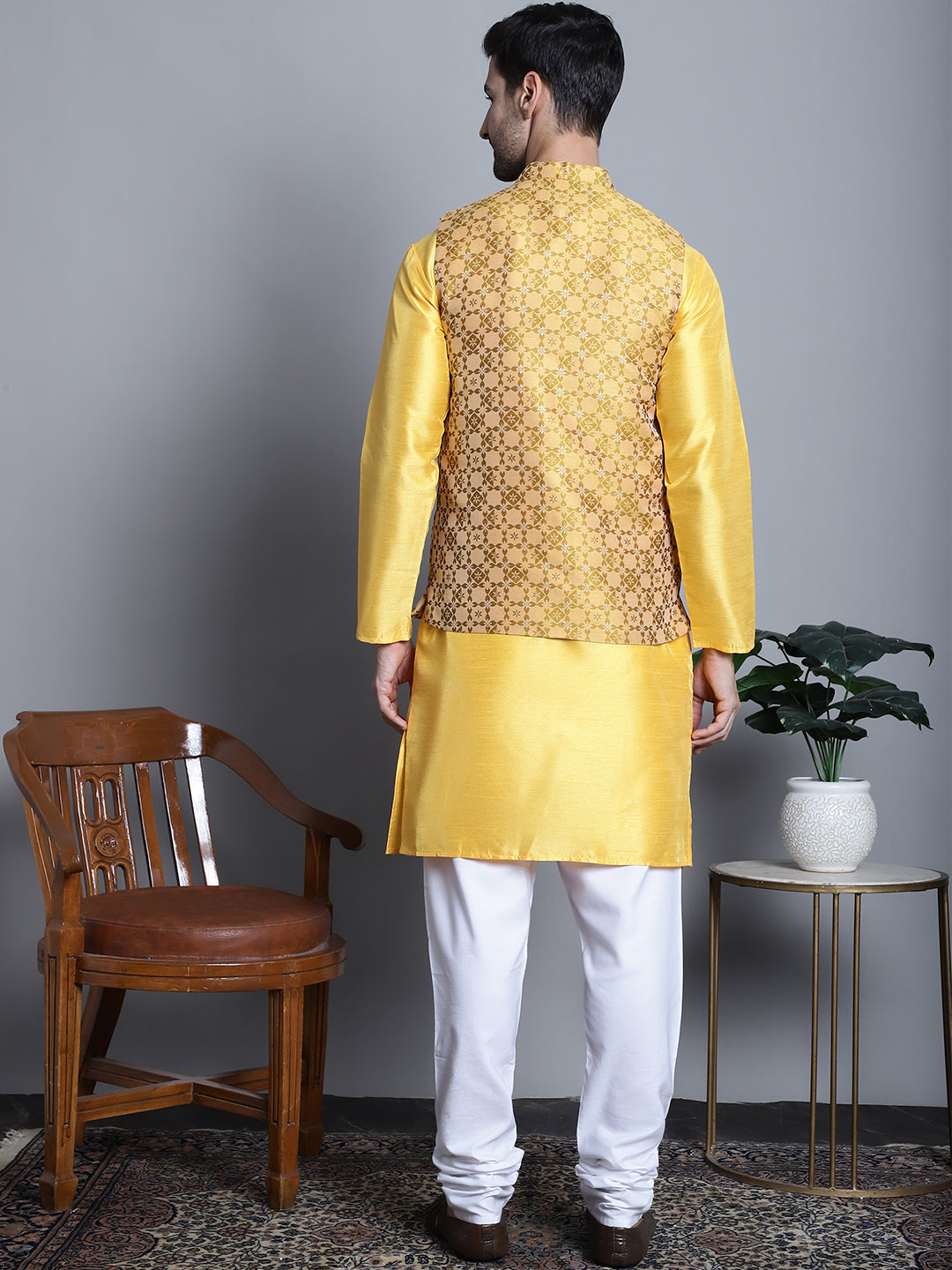 Jompers Men's Woven Design Nehru Jacket With Kurta Pyjama Set - Mustard | Grocsy