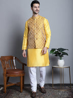 Jompers Men's Woven Design Nehru Jacket With Kurta Pyjama Set - Mustard | Grocsy