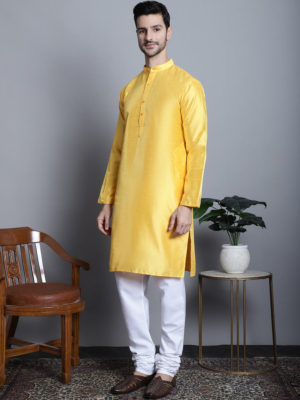 Jompers Men's Woven Design Nehru Jacket With Kurta Pyjama Set - Mustard | Grocsy