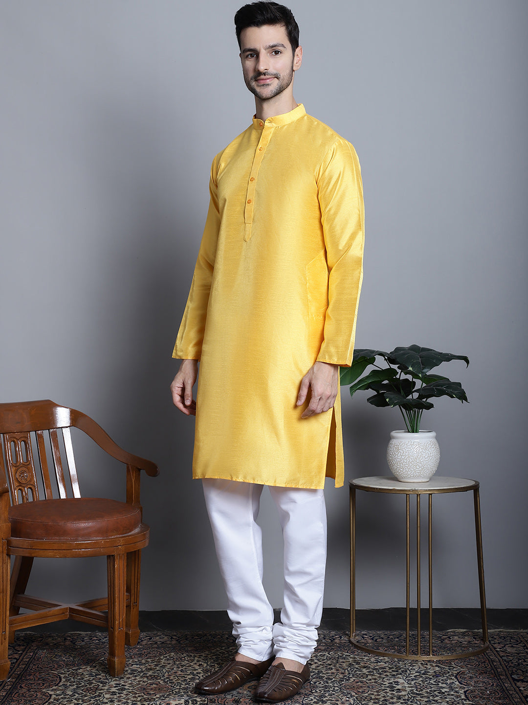 Jompers Men's Woven Design Nehru Jacket With Kurta Pyjama Set - Mustard | Grocsy