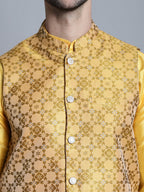 Jompers Men's Woven Design Nehru Jacket With Kurta Pyjama Set - Mustard | Grocsy
