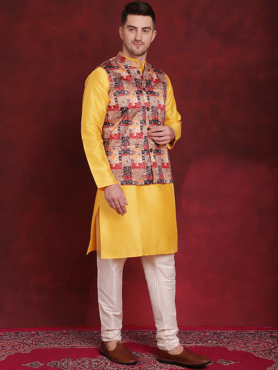 Jompers Men's Multi Printed Nehru Jacket With Kurta Pyjama Set | Grocsy
