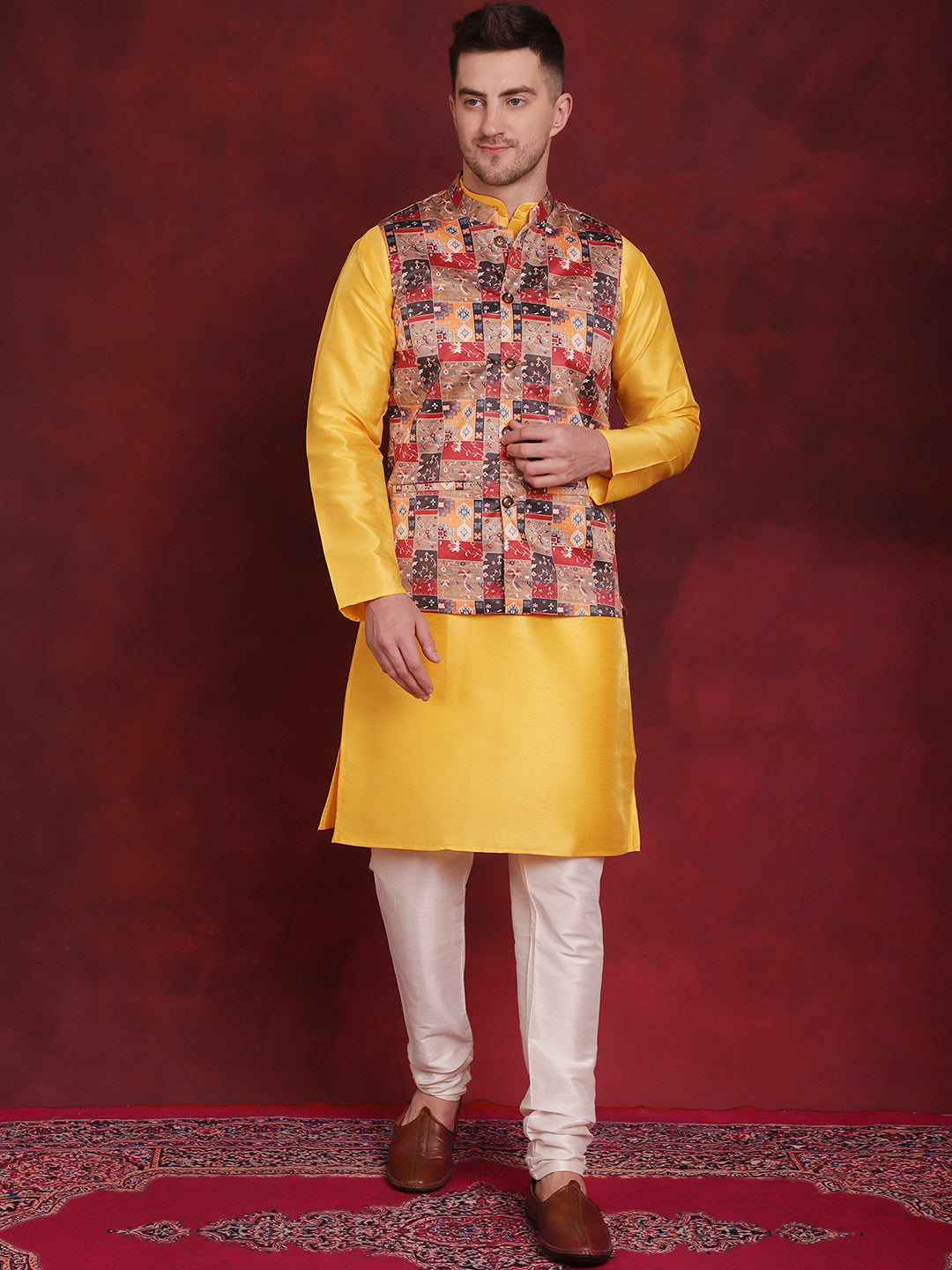 Jompers Men's Multi Printed Nehru Jacket With Kurta Pyjama Set | Grocsy