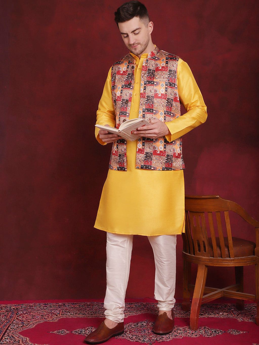 Jompers Men's Multi Printed Nehru Jacket With Kurta Pyjama Set | Grocsy