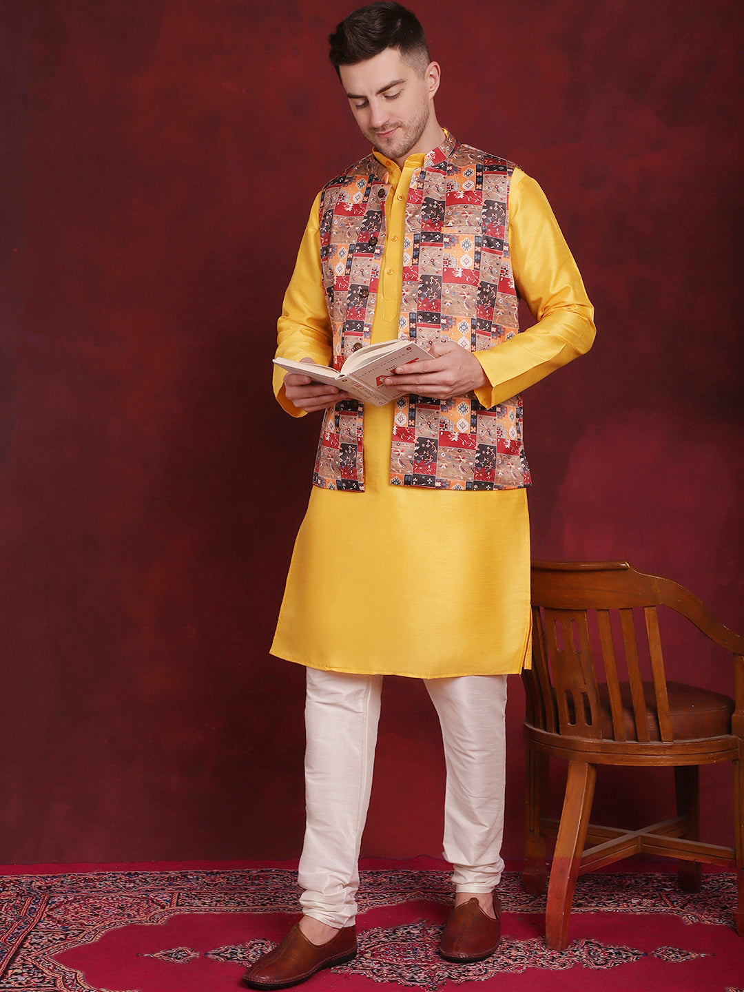 Jompers Men's Multi Printed Nehru Jacket With Kurta Pyjama Set | Grocsy