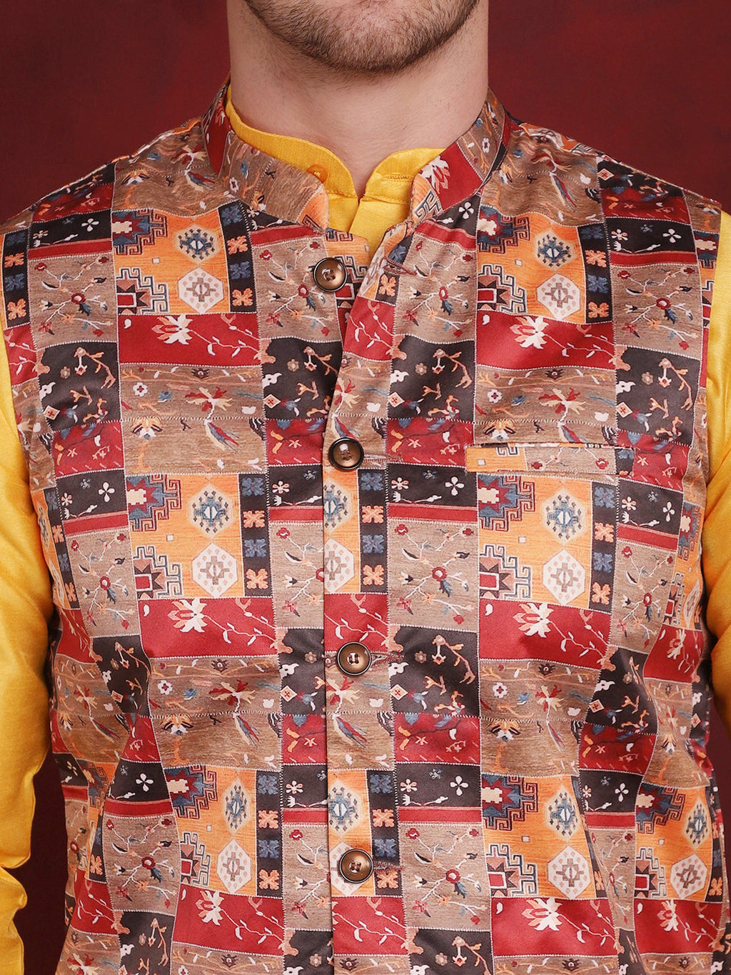 Jompers Men's Multi Printed Nehru Jacket With Kurta Pyjama Set | Grocsy