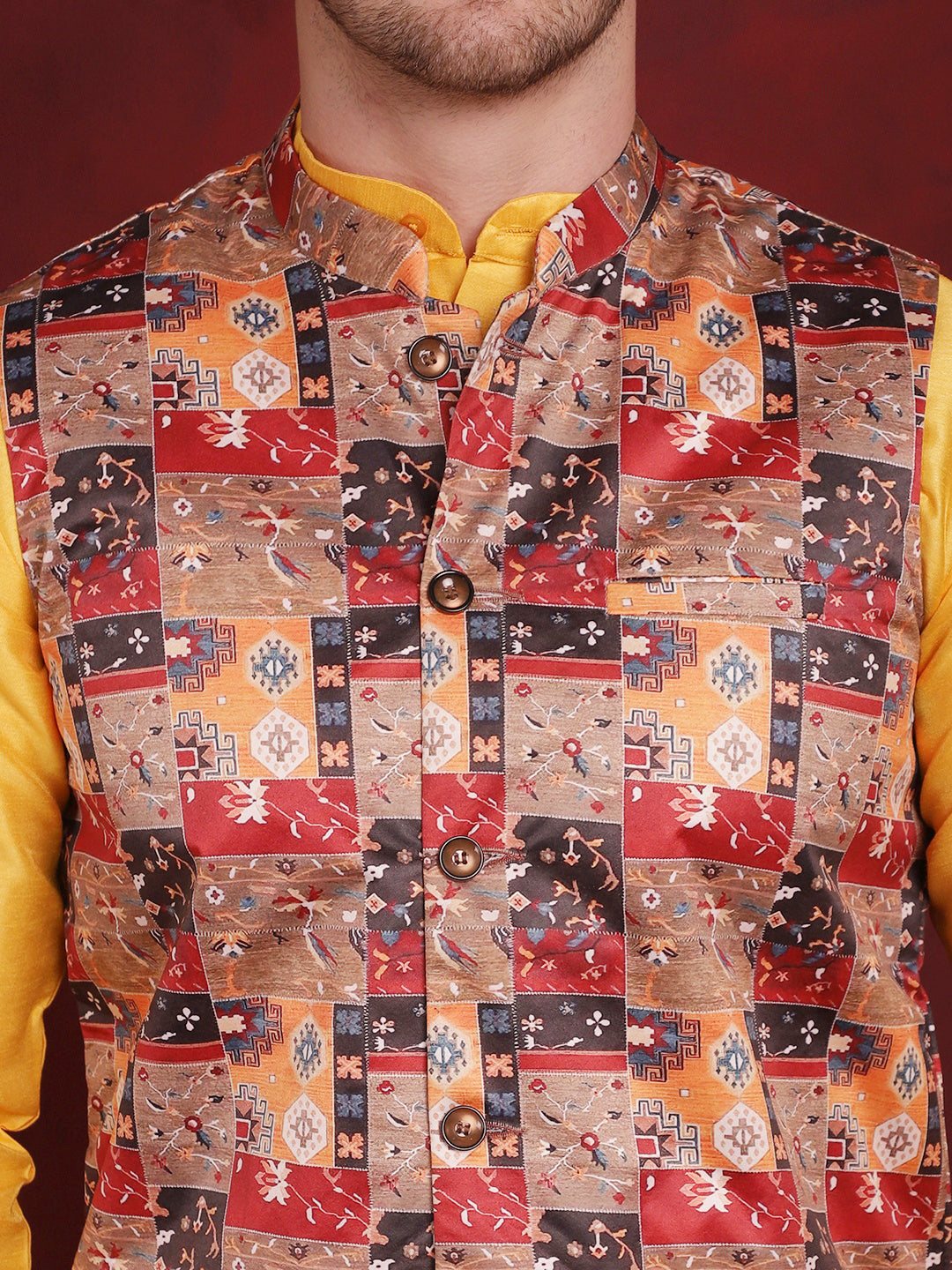 Jompers Men's Multi Printed Nehru Jacket With Kurta Pyjama Set | Grocsy