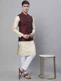 Jompers Men's Beige Embroidered Kurta Pyjama With Woven Design Nehru Jacket | Grocsy