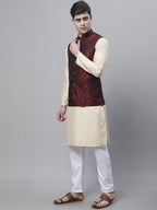 Jompers Men's Beige Embroidered Kurta Pyjama With Woven Design Nehru Jacket | Grocsy