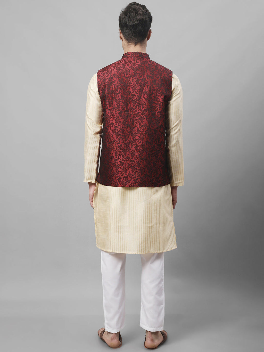 Jompers Men's Beige Embroidered Kurta Pyjama With Woven Design Nehru Jacket | Grocsy