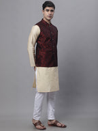 Jompers Men's Beige Embroidered Kurta Pyjama With Woven Design Nehru Jacket | Grocsy