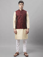 Jompers Men's Beige Embroidered Kurta Pyjama With Woven Design Nehru Jacket | Grocsy