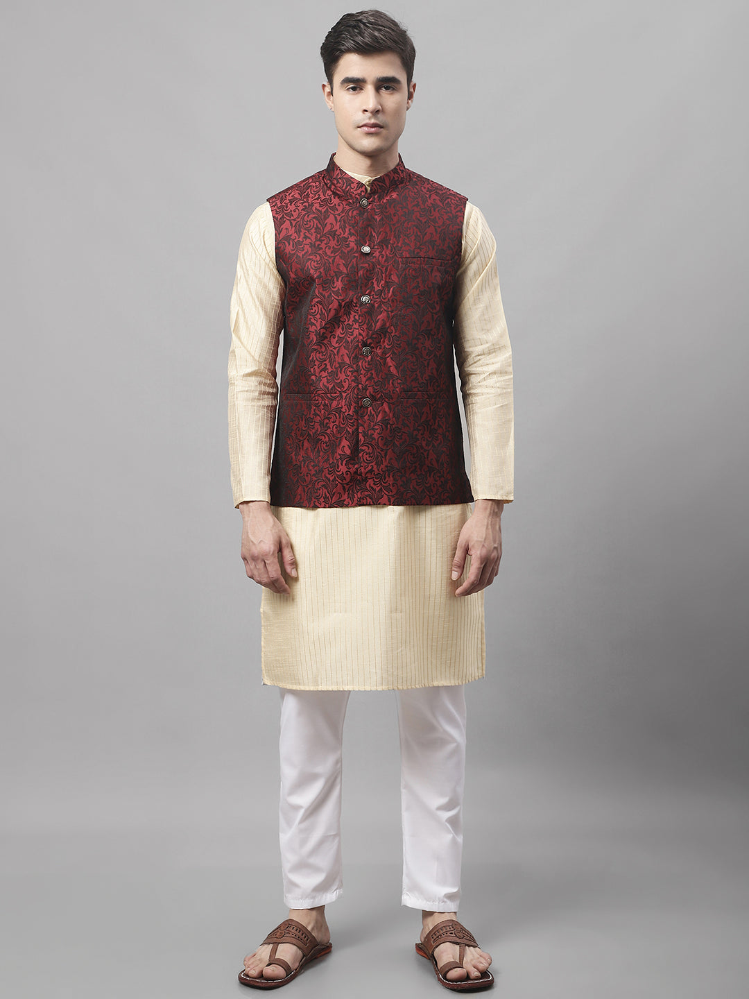 Jompers Men's Beige Embroidered Kurta Pyjama With Woven Design Nehru Jacket | Grocsy