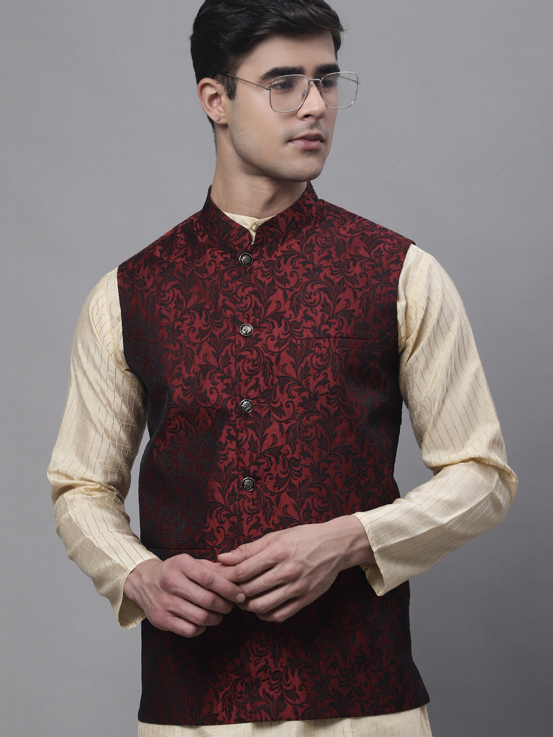 Jompers Men's Beige Embroidered Kurta Pyjama With Woven Design Nehru Jacket | Grocsy
