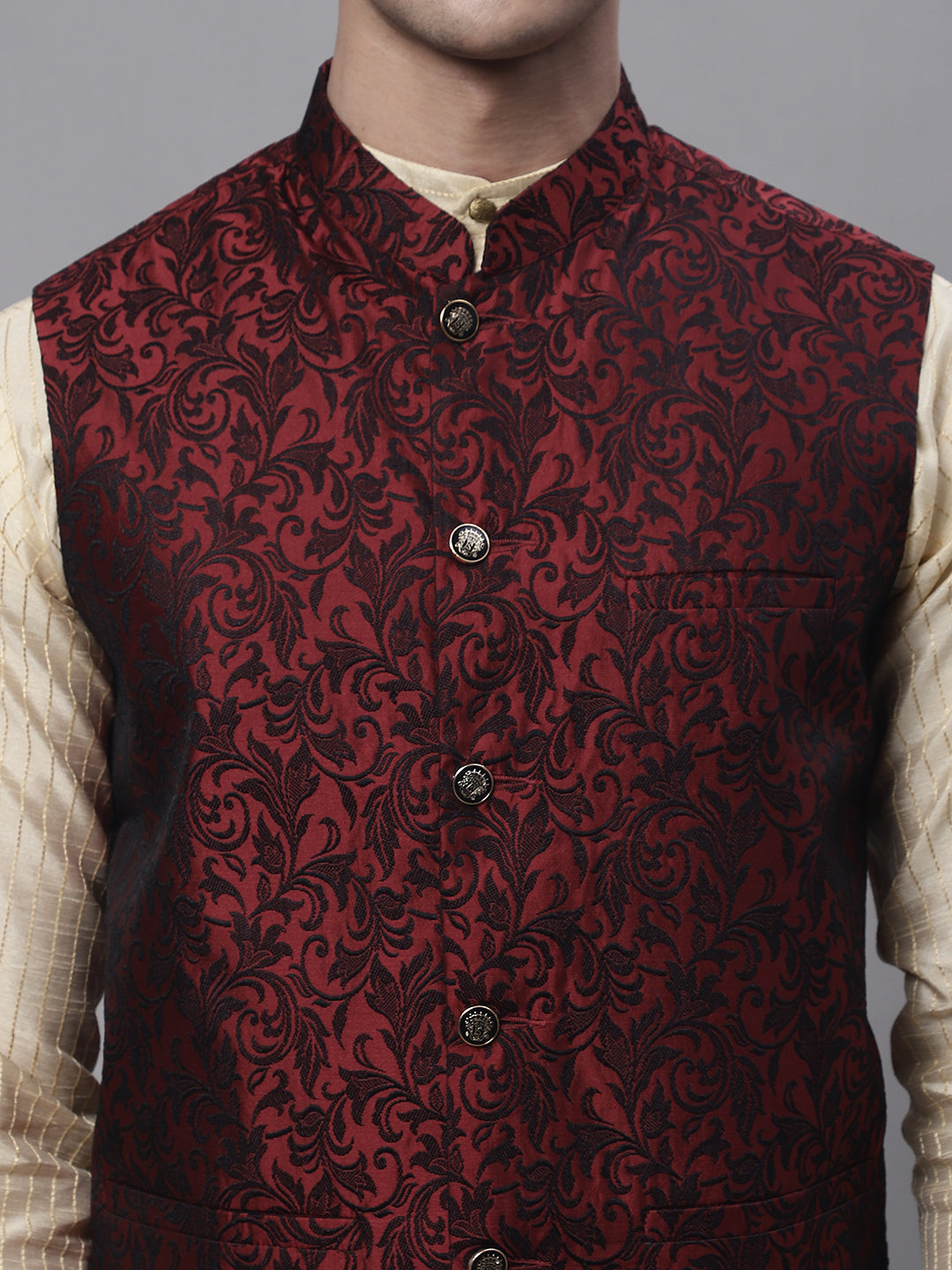 Jompers Men's Beige Embroidered Kurta Pyjama With Woven Design Nehru Jacket | Grocsy