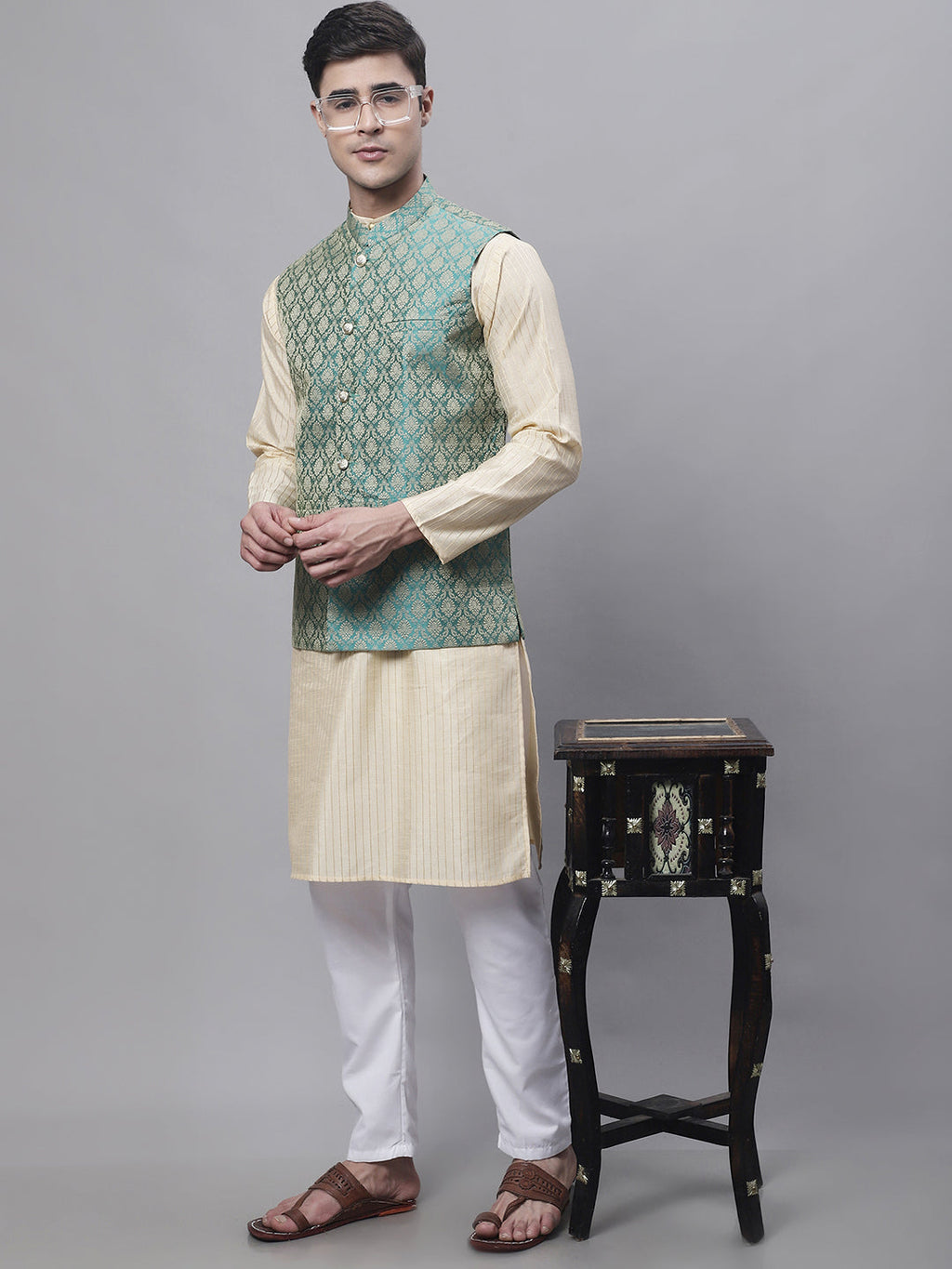 Jompers Men's Beige Embroidered Kurta Pyjama With Green Woven Design Nehru Jacket | Grocsy